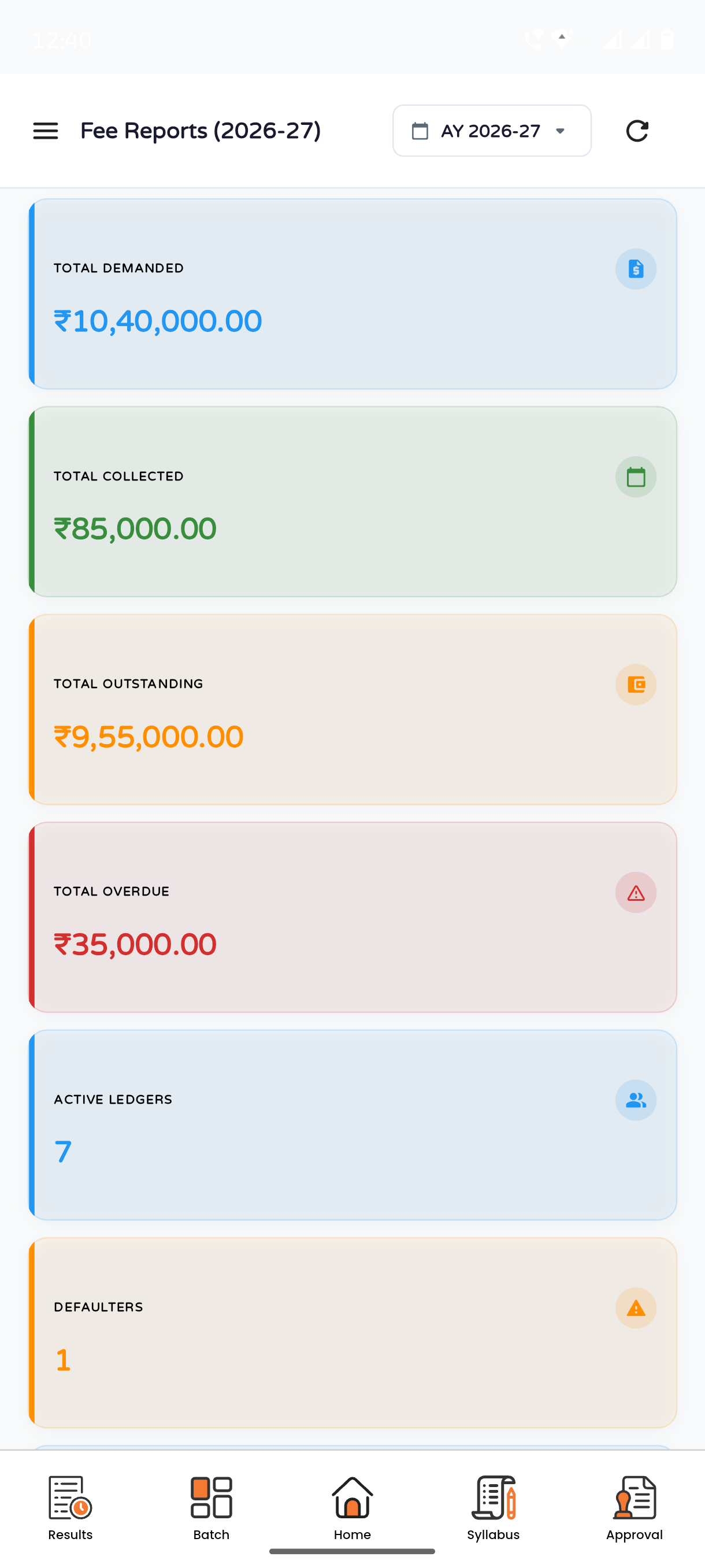 Quizly school app showing fee collection and class reports